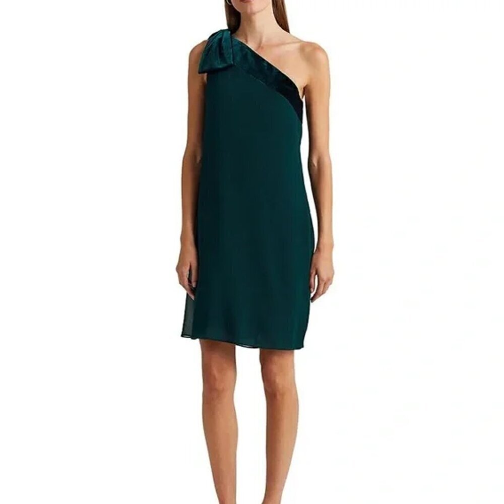 NEW Lauren Ralph Lauren Solid Green Chiffon Velvet One Shoulder Cocktail Dress